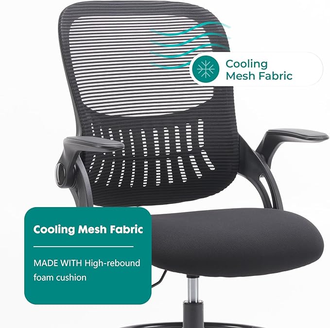 DUMOS Drafting Chair for Standing Desk, Counter Height Adjustable, Flip-up Arms, Ergonomic Mid Back Mesh Rolling Work Swivel Office Computer Chairs with Wheels, Black