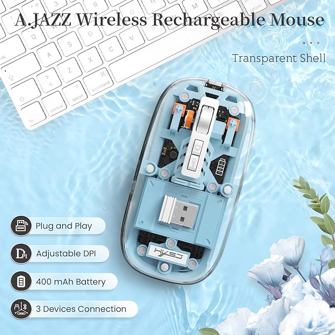 A.JAZZ Wireless Bluetooth5.1&2.4G Mini Lightweight Mouse,Transparent Clear Cool,Rechargeable Silent Computer Mice,Nano USB C Receiver,LED Battery Magic Silm for Office/PC/Mac/Laptop/Apple/ipad(Blue)