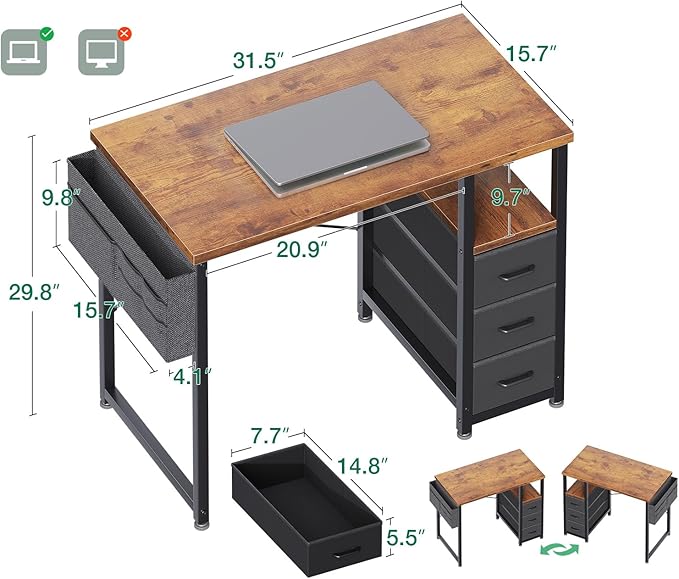 AODK 32 Inch Small Computer Desk with Fabric Drawers, Kids Study Desk for Bedroom, Home Office Desk with Storage Shelf & Bag for Small Space, Vintage