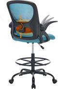 LukkDys Drafting Chair with 4D Multi-Adjustable Backrest, Tall Office Chair 19.7"-27.6" Seat Height, Ergonomic Standing Desk Chair with Flip-up Arms, Foot Ring, Blue&Black