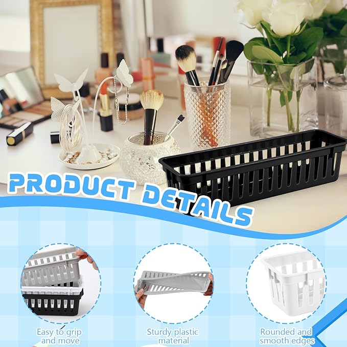 12 Pcs Black,White,Gray Slim Plastic Storage Baskets Tray 10 x 3 x 2.5 Inch Compact Stackable Desk Organizer for Office, Classroom, School Supplies, and Home Storage, Organization(Black,White,Gray)