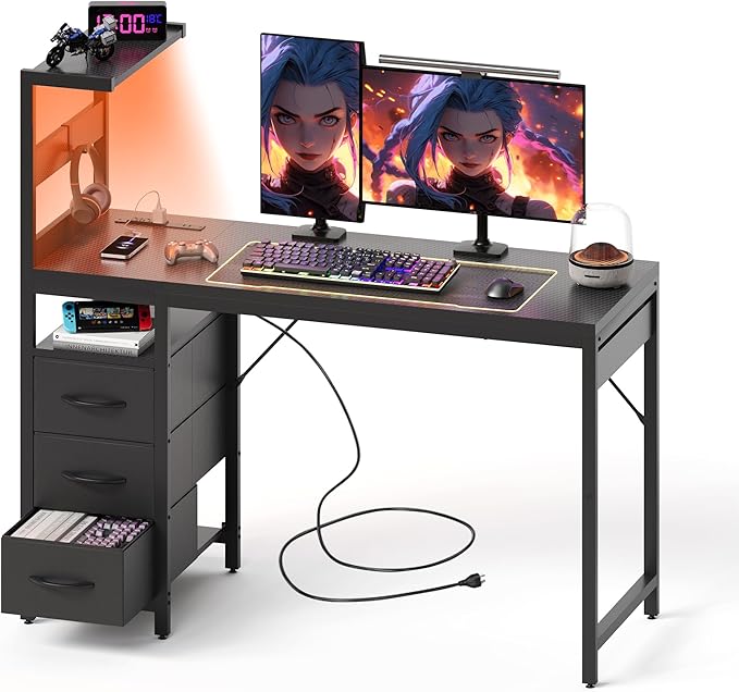 YOUDENOVA 48 Inch Gaming Computer Desk with Led Lights, Small Desk with Storage Shelves and Drawers, Reversible Compact Gamer Table for Home Office, Carbon Fiber Black