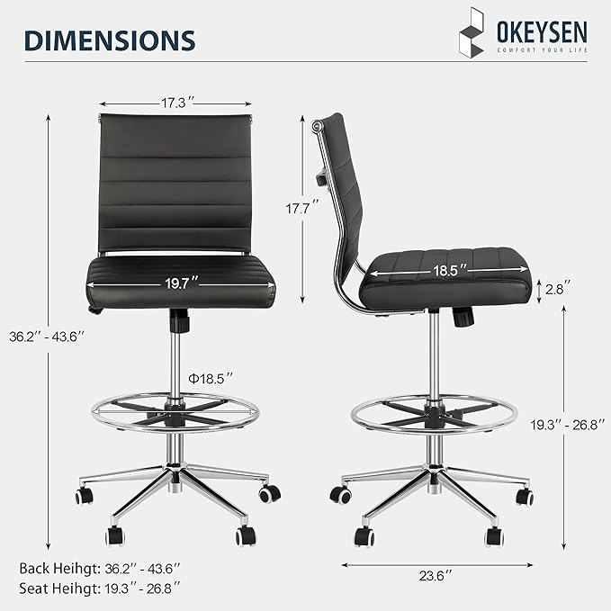 Okeysen Drafting Chair Armless Desk Stool, 400 LBS Ergonomic Leather Tall Office Chair with Adjustable Foot Ring, Modern Standing Desk Chair with Ribbed Mid Back, Swivel Rolling Drafting Stool.