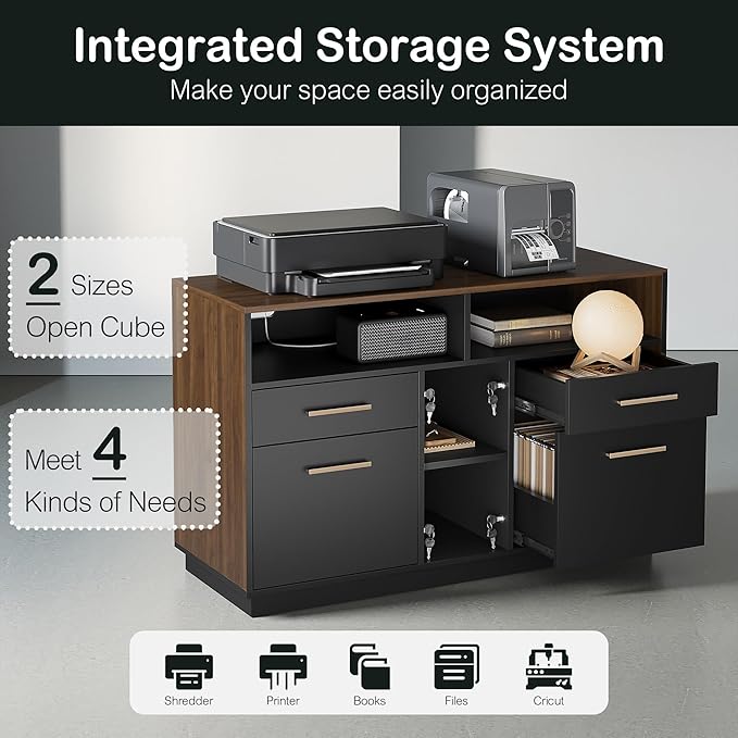 ModernMate 4 Drawer File Cabinet, Wood Filing Cabinet for Home Office with Lock, Power Strip, Storage Shelves, Home Office Lateral File Storage Fits Legal/Letter Size, Black Walnut