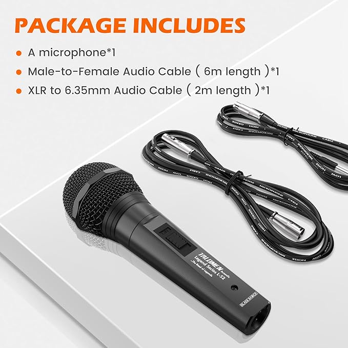 talomen Wired Microphone for Singing, Metal Female, ON/Off Switch, Professional Vocal Dynamic Mic with 20ft & 6.5ft XLR Audio Cable, Cardioid Studio Microfono for Podcasting and Recording, Black-L52