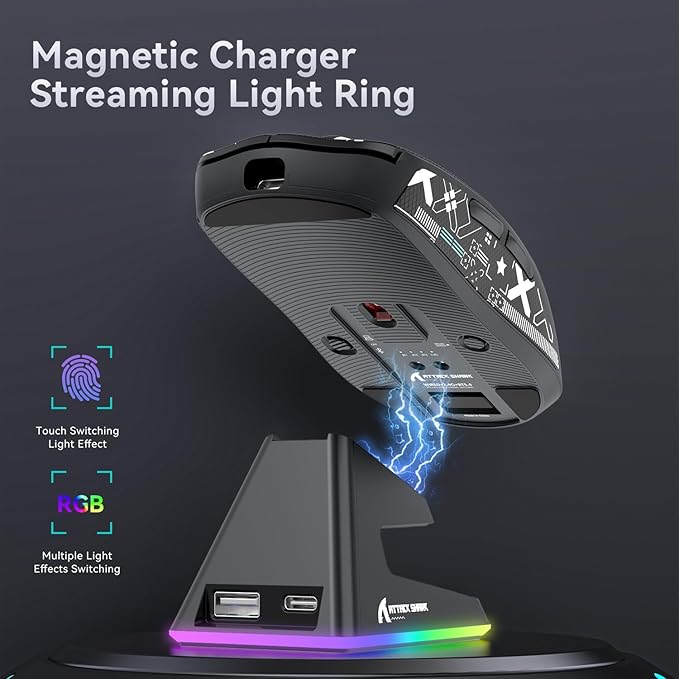 ATTACK SHARK X6 Lightweight Wireless Gaming Mouse with RGB Backlight Charging Base,Tri-Mode Wired/2.4GHz/BT5.2,26K DPI, PAW3395 Optical Sensor,HUANO Switch,5programmable Buttons,PC/Mac(Black+Sticker)