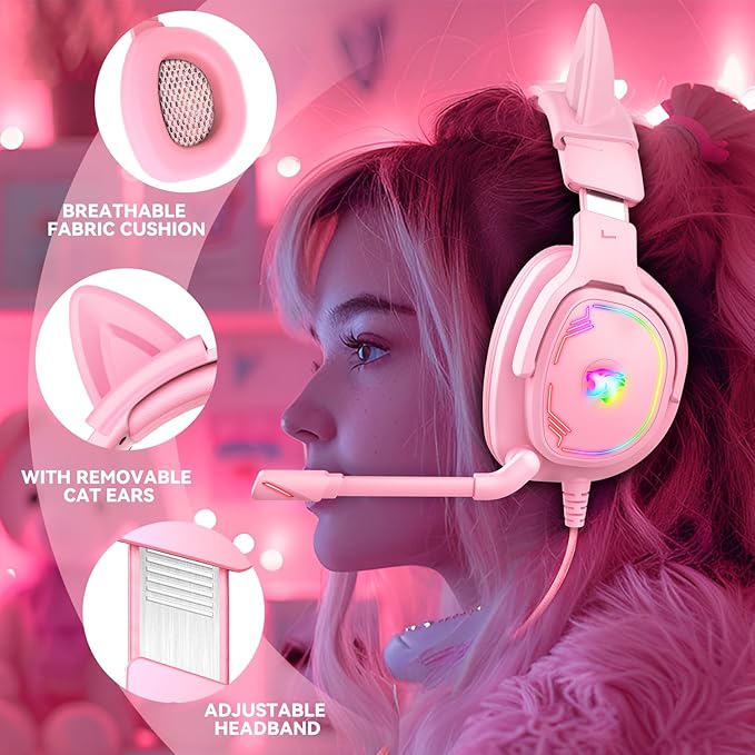 Jimonyer Gaming Headset for PC/PS4/PS5/Xbox One/Switch, Stereo Surround Sound Gaming Headphones with Noise Canceling Flexible Mic, Computer Headset with 3.5mm Jack & RGB Light (PinkCat)