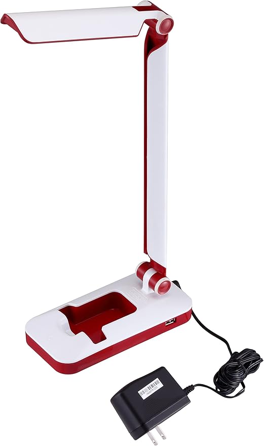 Black and Decker Office LED3FOLD-WHTRED PureOptics Verve 5W Flicker-Free Natural Daylight LED Desk Lamp with USB Charging Port, Phone Stand, 2 Dimming Levels (267 Lumens), 16" x 9" x 3.5" , White/Red