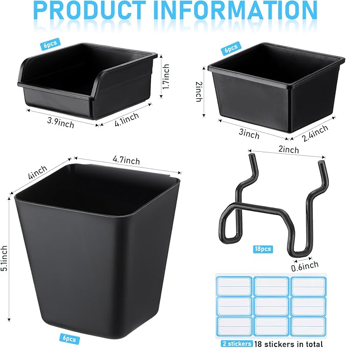 Uiifan 18 Set Pegboard Bins Kit Plastic Pegboard Cups with Metal Hooks Wall Containers Organizer Accessories with Label Stickers for DIY Tools Craft Office Workshop Garage Storage(Black)