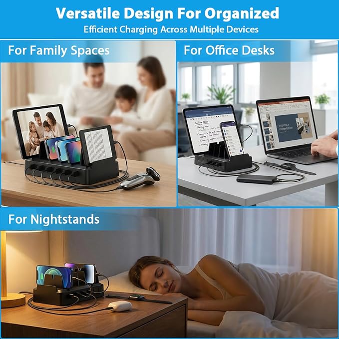 Charging Station for Multiple Devices, 6 Port USB Desktop Charger Dock Compatible with iPad, Samsung, Android, Tablet, Family Multi Phone Charging Organizer with Divider Holders, Fireproof ABS (Black)