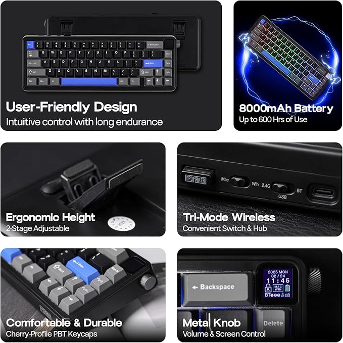 EPOMAKER HE65 Mag Wireless Magnetic Keyboard with Knob and Screen, 8K Polling Rate in 2.4Ghz and Wired, Actuation-Adjustable Hall Effect Switch, 8000mAh Battery, Creamy Gasket-Mount (Black)