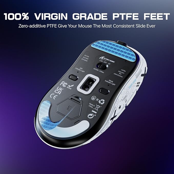 ATTACK SHARK X3MAX Wireless Gaming Mouse,PixArt PAW3950 Gaming Sensor,Up to 42K DPI,100 Million Micro,49g Lightweight Tri-Mode(BT5.2/2.4Ghz/Wired) Mice with Coiled Cable-White&Tape