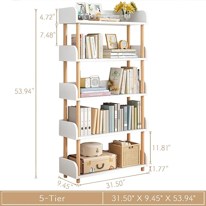 OSCHF 5-Tier Wooden Open Bookcase - Modern Display Bookshelf with Top Edge and Solid Wood Frame for Home and Office, Storage Cabinet, Warm White