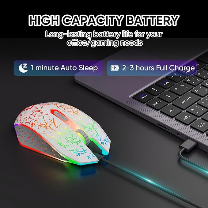 MELOGAGA Bluetooth Mouse Wireless Gaming Mouse, 2.4G Cordless RGB Rechargeable PC Game Mouse Computer Mice for Laptop Desktop -White
