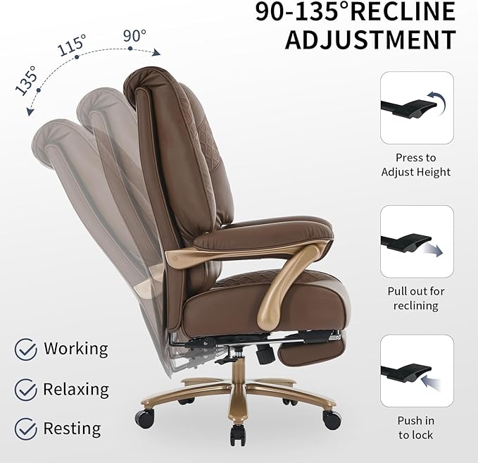EXCEBET Big and Tall Executive Office Chair with Footrest, 400LBS Capacity Ergonomic High-Back Desk Office Chair with Lumbar Support, Padded Armrests & Thick Cushion, Brown PU Leather Chairs