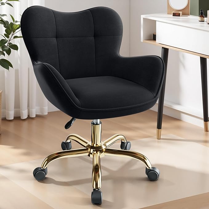 Vanity Chair with Wheels, Cute Home Office Desk Chairs Adjustable Height for Living Bedroom, Small Modern Fluffy Velvet Makeup Chair with Back for Girls (Black)