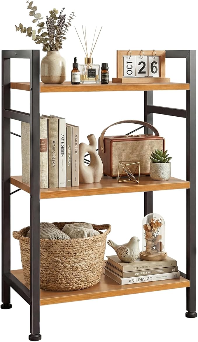 3 Tier Bookshelf, Free Standing Wooden Bookcase with Open Storage Shelves with Metal Frame, Sturdy Shelf Organization Display Rack for Living Room, Bedroom, Home Office, 27.6" Tall, Wood