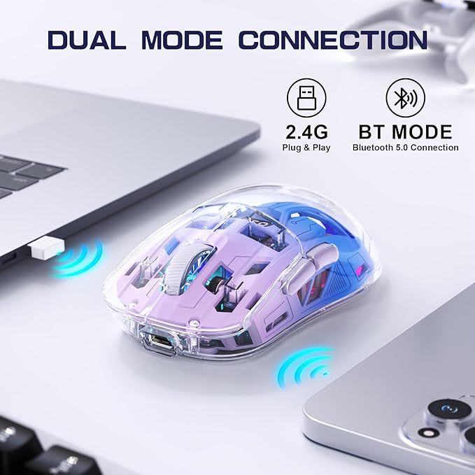 FREEWOLF A2 Transparent Wireless Gaming Mouse,Dual Mode BT 5.0/2.4G PC Gaming Mice,PixArt 3212 5 Adjustable DPI,Rechargeable Silent Mouse with Digital Screen,RGB Backlight Mouse for Win/Mac(Purple)