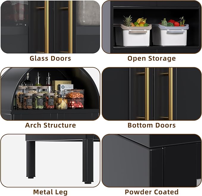 VEXPOR 73" Tall Arched Kitchen Pantry Cabinet with Doors, Metal Arched Hutch Cabinet for Kitchen, Dining Room, Living Room, Assembly Required, Black