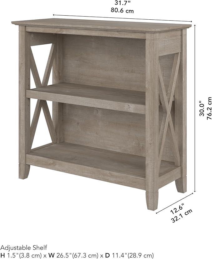 Bush Furniture Key West Small 2 Shelf Bookcase in Washed Gray, Compact Home Organizer, Vertical Storage Solution, Bookshelf for Office or Living Room