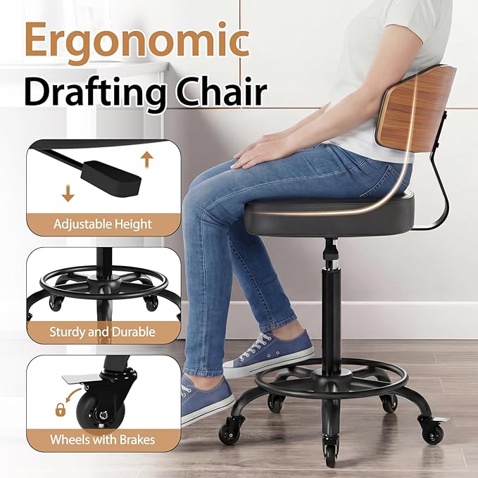Drafting Chair with Lockable Wheels, Tall Chair Adjustable Stool with Curved Walnut Backrest and Footrest Ring, PU Leather Ergonomic Rolling Chair 300LBS Capacity for Office Workstation(Black)