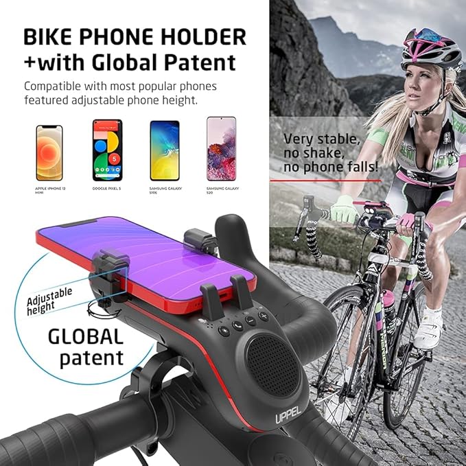 UPPEL Bluetooth Speaker Bicycle, Multifunctional Bike Phone Holder 10-in-1- LED Light - Bike Horn - Microphone - Ideal for Road & Mountain Bike (Black)