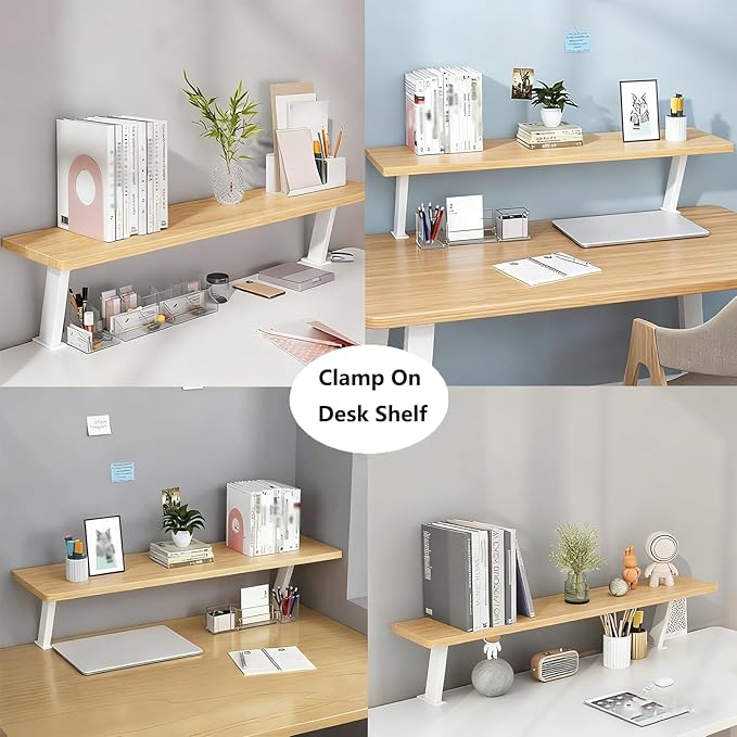 Clamp on Desk Shelf, Adjustable Floating Desktop Extender Space Saving Wood Steel Frame Desk Shelf for Office Study Home Dorm No Drill (23.6x7.8 in)