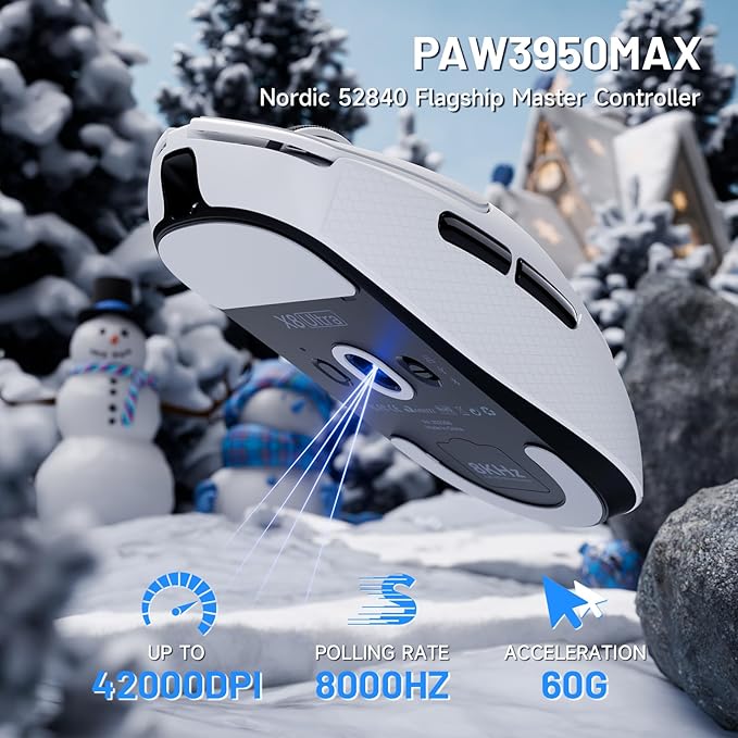 ATTACK SHARK X8ULTRA Wireless Gaming Mouse, 42000 DPI PAW3950MAX Sensor, 8000Hz Optical Nordic 52840 Tri-Mode 2.4G/BT/Wired, 55g Lightweight Big Hand Ergonomic Mouse with Coiled Cable-White&Tape