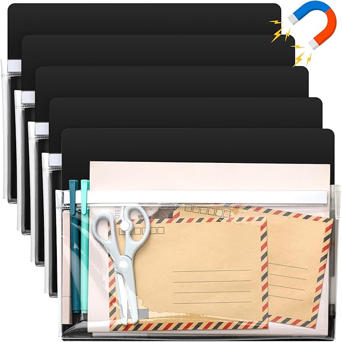 Henoyso 5 Pcs Magnetic File Holder 12 x 9.5 inches Paper Holder Magnetic Pen Dry Erase Marker Organizer Fridge Pocket Organizer for Whiteboard Refrigerator (Black)