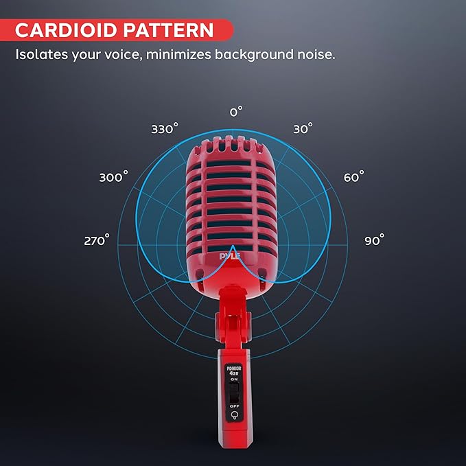 Pyle Classic Retro Dynamic Vocal Microphone - Old Vintage Style Unidirectional Cardioid Mic with XLR Cable - Universal Stand Compatible - Live Performance, In-Studio Recording - Pro PDMICR42R (Red)