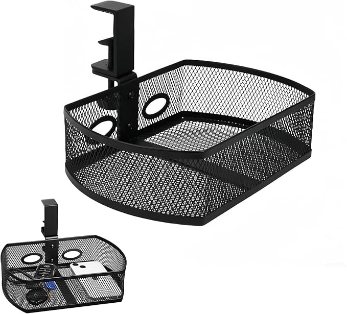 Clamp-On Hanging Desk Organizer - Metal Under-Desk Storage with Clamp Mount, Desk Attachments for Home/School/Office, Essential Office Supplies