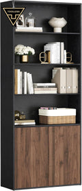 SONGMICS Home Book Shelf, Superfast Toolless Assembly, 6-Tier Floor Standing Bookcase with Doors and Adjustable Shelves, 70.4 Inches Tall for Bedroom Study Living Room, Ebony Black and Natural Walnut