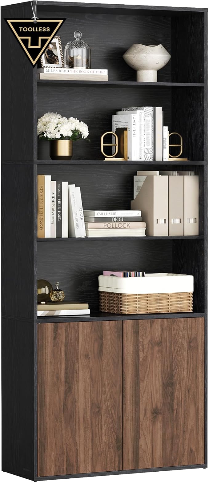 SONGMICS Home Book Shelf, Superfast Toolless Assembly, 6-Tier Floor Standing Bookcase with Doors and Adjustable Shelves, 70.4 Inches Tall for Bedroom Study Living Room, Ebony Black and Natural Walnut