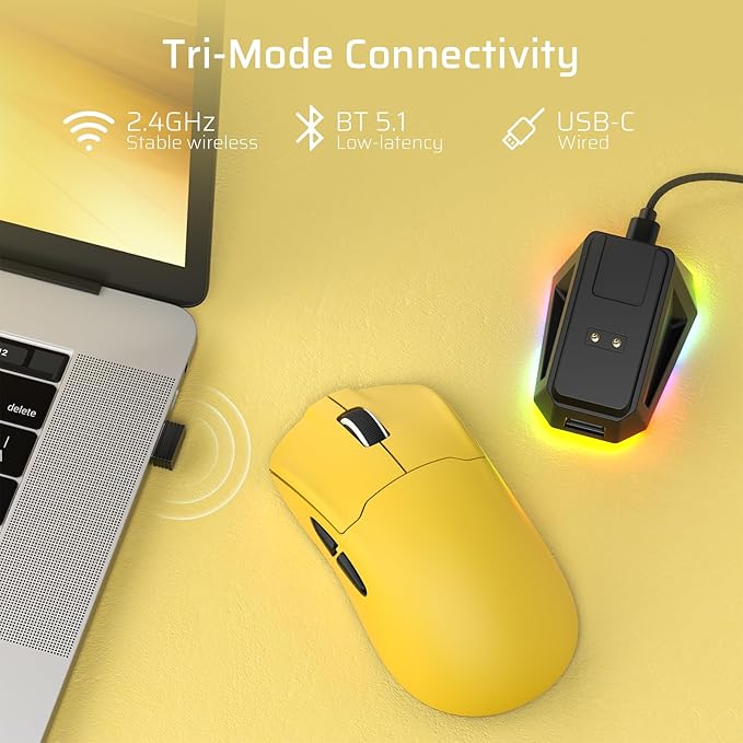 LTC GM022 Ultralight 3-Mode Wireless Gaming Mouse with RGB Charging Dock, PAW3395 26K DPI Sensor, 55G Lightweight Ergonomic Bluetooth Gaming Mouse, 5 Programmable Buttons, 80 Million Click Switch