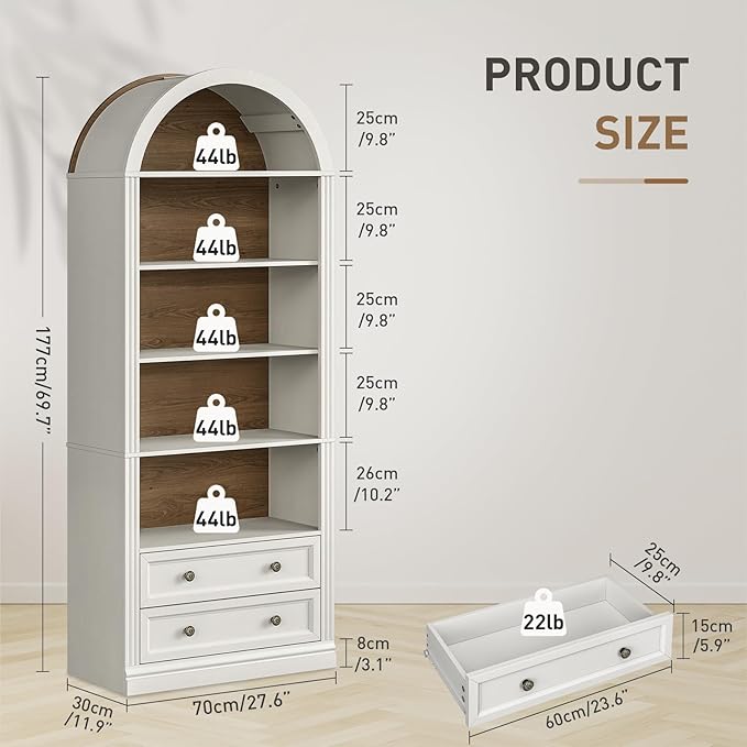 RALGEND Farmhouse Arched Bookshelf, 7 Tiers Arch Bookcase with 2 Spacious Drawers, Modern Book Shelf with Open Display Shelves and Storage Cabinet, for Office, Living Room, Kitchen, Walnut and White