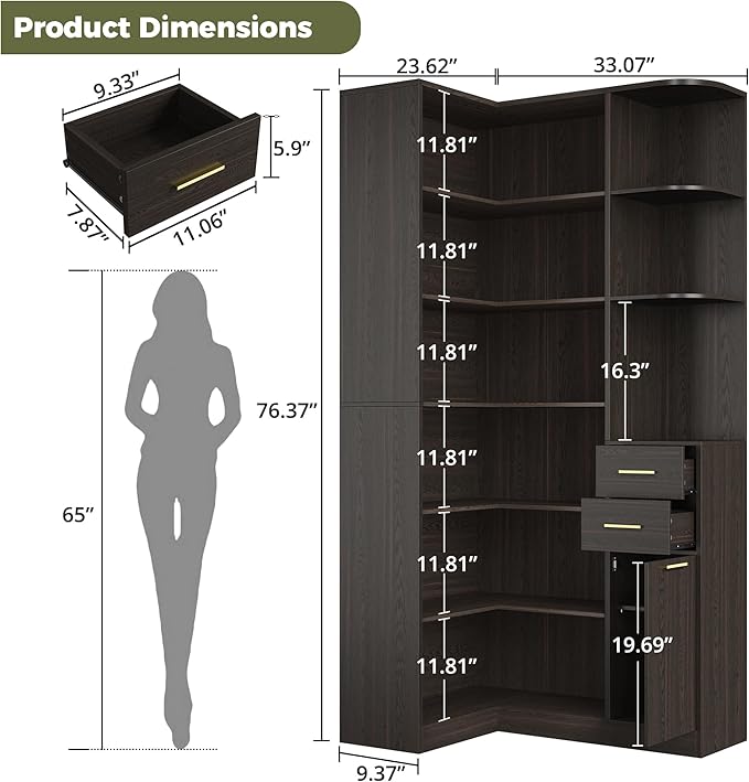 IRONCK Corner Bookshelf, 76" Tall Corner Bookshelves, 6 Tiers L-Shaped Bookcase with 10 Open Shelves and 2 Storage Drawers for Living Room or Home Office, Dark Brown