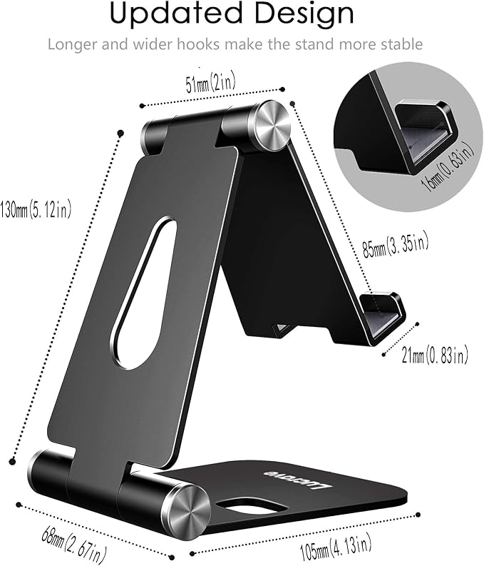 Cell Phone Stand, Updated Adjustable Desktop Phone Holder Cradle,Fully Foldable, Thick Case Friendly, Portable Aluminum Compatible with All Mobile Phones, Switch, Tablets(4-10in)-Black