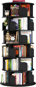 Besiost Rotating Bookshelf Tower, 6 Tier Spinning Bookcase, Revolving 360 Book Shelf Narrow Tall Bookcase, Vertical Turning Round Bookshelf Organizer, Wood Corner Bookshelf for Small Space, Black