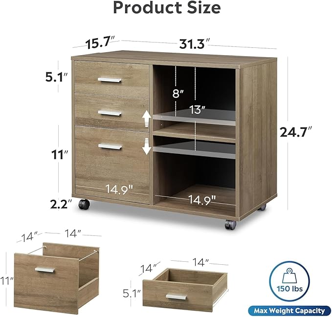 DEVAISE 3 Drawer Mobile File Cabinet, Wood Lateral Filing Cabinet, Printer Stand with Open Shelves for Home Office, Gray Oak