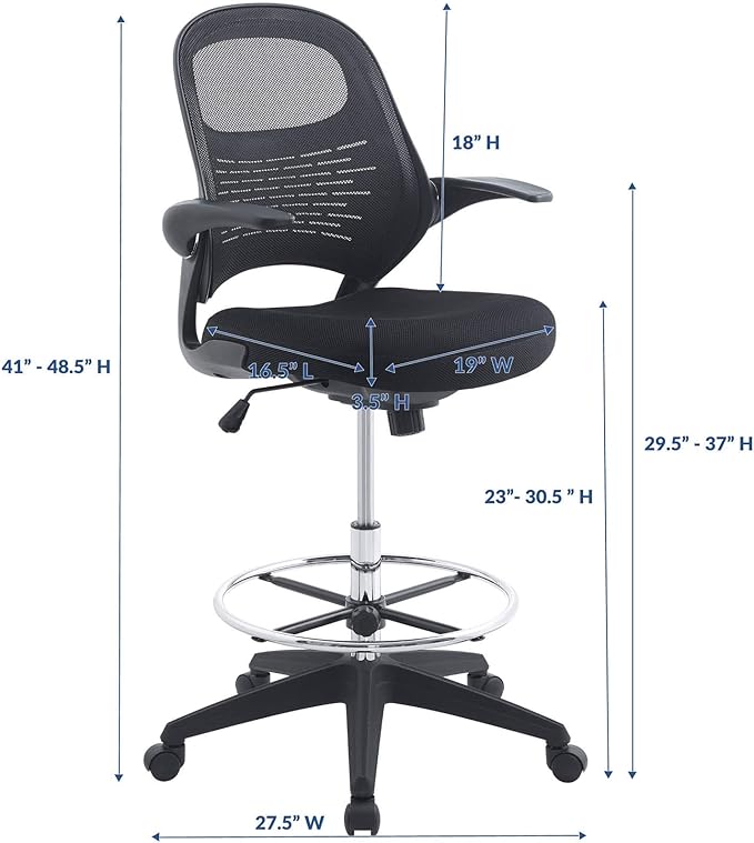 Modway Advance Drafting Stool - Reception Desk Chair - Drafting Table Chair - Flip-Up Arms in Black