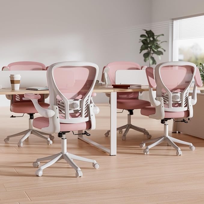 GYI Office Chair Ergonomic, Computer Desk Chair with Mesh Back, Adjustable Lumbar Support, 3D Flip-up Arms, Wheels, Pink