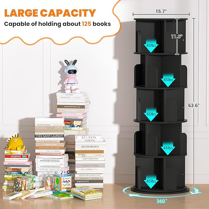 Besiost Rotating Bookshelf Tower, 5 Tier Spinning Bookcase, Revolving 360 Book Shelf Narrow Tall Bookcase, Vertical Turning Round Bookshelf Organizer, Wood Corner Book Shelf for Small Space, Black