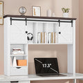 Large Desktop Bookshelf with Sliding Barn Door, 47.2''W Desk Shelf Display Rack, Desktop Organizer Storage Rack with 7 Cubbies and Drawer, Home, Desk Shelf for Office, Dorm, Vanity, White