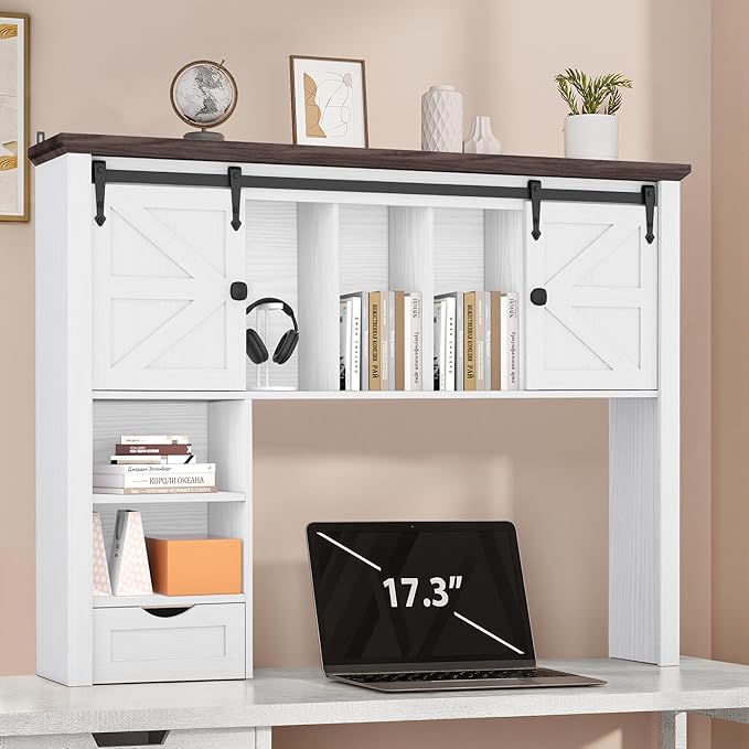 Large Desktop Bookshelf with Sliding Barn Door, 47.2''W Desk Shelf Display Rack, Desktop Organizer Storage Rack with 7 Cubbies and Drawer, Home, Desk Shelf for Office, Dorm, Vanity, White
