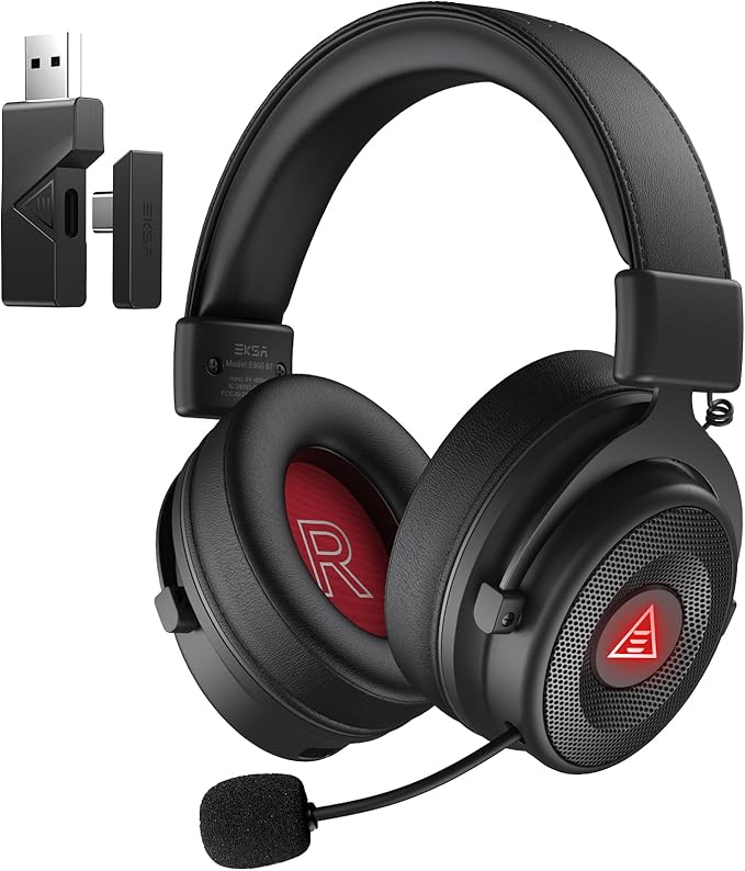 EKSA Wireless Gaming Headset for PC, USB Headphones with Retractable Microhpone, Surround‑Tuned, 20ms Ultra-Low Latency, 50Hr Battery, 2.4G Bluetooth Wired Computer Headset for PS4 PS5 Laptop