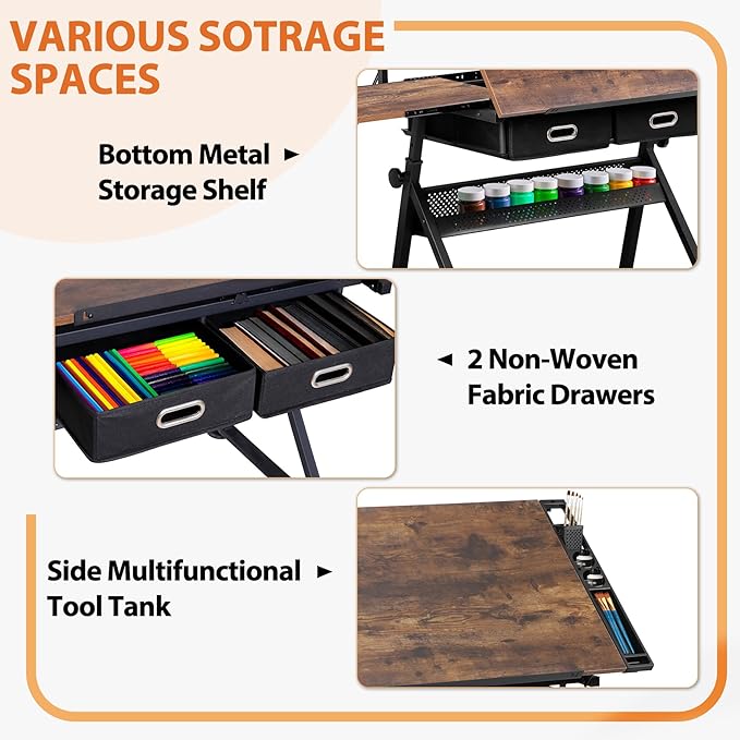 JupiterForce Drafting Table Art Desk w/Power Outlet and Stool, Adjustable Tilting Drawing Table Artist Desk with 2 Storage Drawers, Art Craft Work Station for Home Office Working, Writing, Crafting