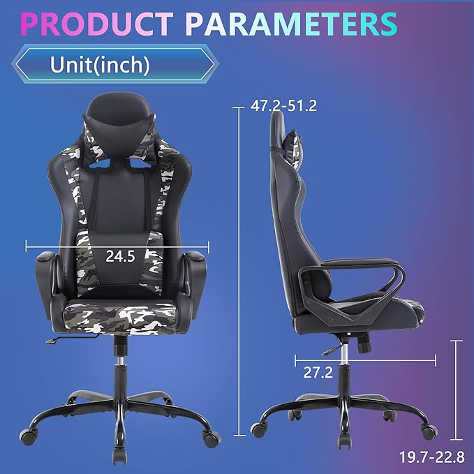 PayLessHere Ergonomic Racing Desk Chair Gaming Chair Computer Chair with Armrests 360° Swivel & Caster Pu Desk Task Chair Executive Headrest Lumbar Support for Back Pain Women Men and Adults (Camo)