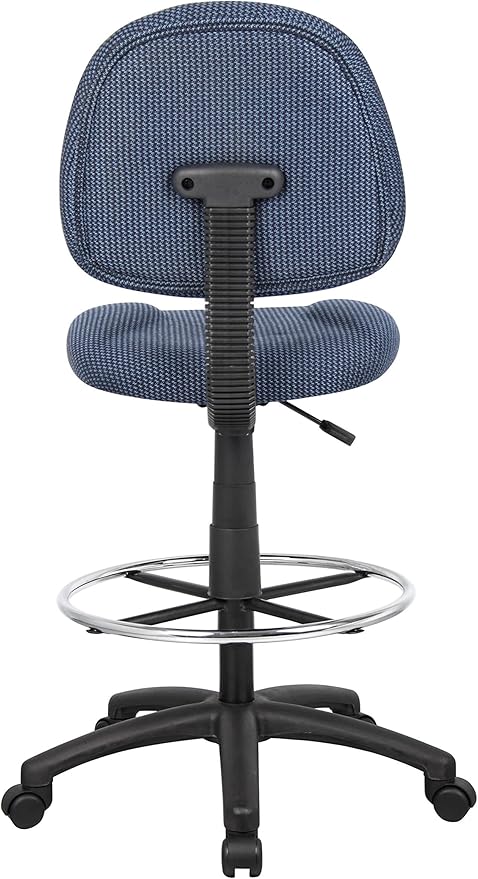 BOWERY HILL Rolling Drafting Stool, Blue Tweed Fabric Upholstery, Contoured Seat and Back, Adjustable Height 26.5-31.5 in, Chrome Foot Ring, 250 lb Capacity, Dual Wheel Casters, Home or Office Use