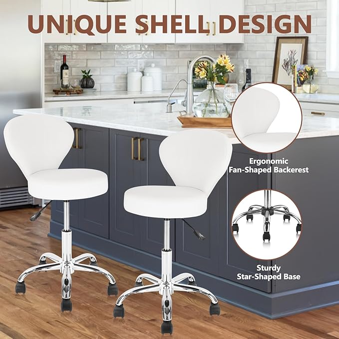 KLASIKA Set of 2 PVC Faux Leather Rolling Swivel Salon Stool Chair with Back Support Adjustable Hydraulic Seat Height 22 in Diameter 15 Inch for Facial Spa Medical Tattoo Beauty Barber White 2 Pack
