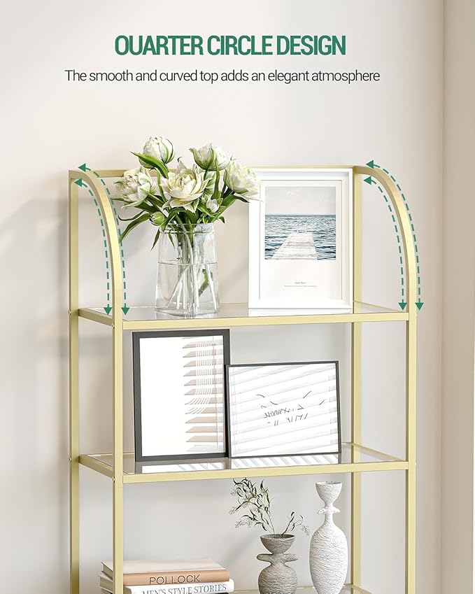 Hzuaneri Bookcase Bookshelf, Tempered Glass Arched Bookshelf for More Storage, Slim Shelving Unit for Bedroom, Bathroom, Home Office, Steel Frame, Wide 6 Tier Gold BC22699G